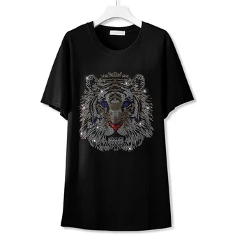 Letné horúce diamond-krátke rukávy T-shirt ženy, nové módne tiger vzor voľné plus veľkosť Príležitostné O-neck black dlhé topy žena