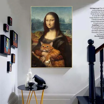 Nordic Štýl Minimalizmus Mona Lisa Plagát Mačka Zvierat Wall Art Plátno, Vytlačí Pivo Maľovať Obrázky Obývacia Izba Moderného Domova