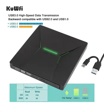 KuWfi USB 3.0 Typ C Prenosný vysokorýchlostné DVD+/RW Napaľovačka S Farebné Svetlo DVD Dirve Prehrávač Pre Macbook/Okno OS Počítača