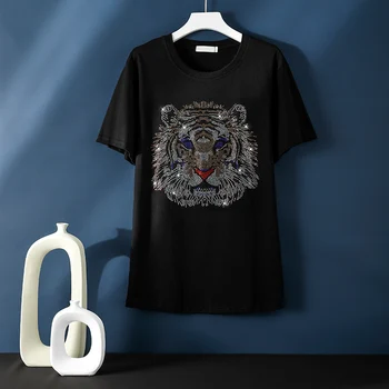 Letné horúce diamond-krátke rukávy T-shirt ženy, nové módne tiger vzor voľné plus veľkosť Príležitostné O-neck black dlhé topy žena
