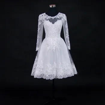 Vestido De Noiva 2021 Krátke Šaty alebo 2 em 1 Svadobné Šaty Dlhé Rukávy Čipky Ilúzie Svadobné Šaty